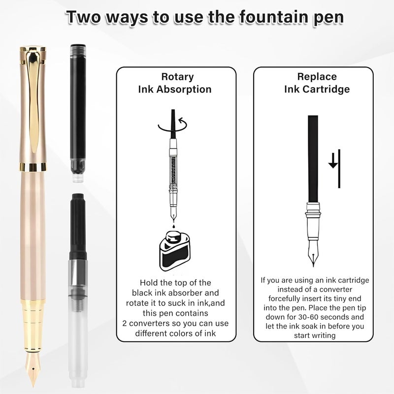 lucilynx Fountain Pen, Medium Nib, Includes 8 Ink Cartridges [Black & Blue] & Ink Converter, Calligraphy Pen, Consistent Writing, Nice Pens - Gold - Image 4